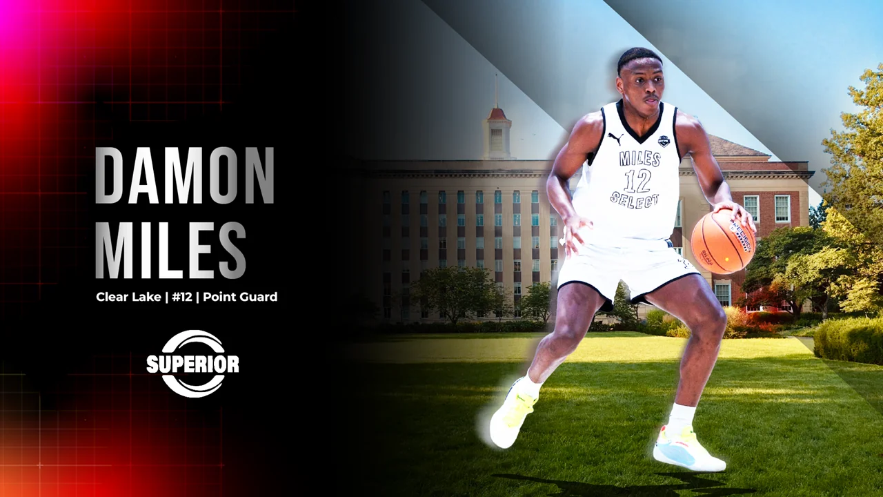 Title slide: Damon Miles, Clear Lake, number 12, Point Guard, presented by Superior Sports, over a campus photograph.