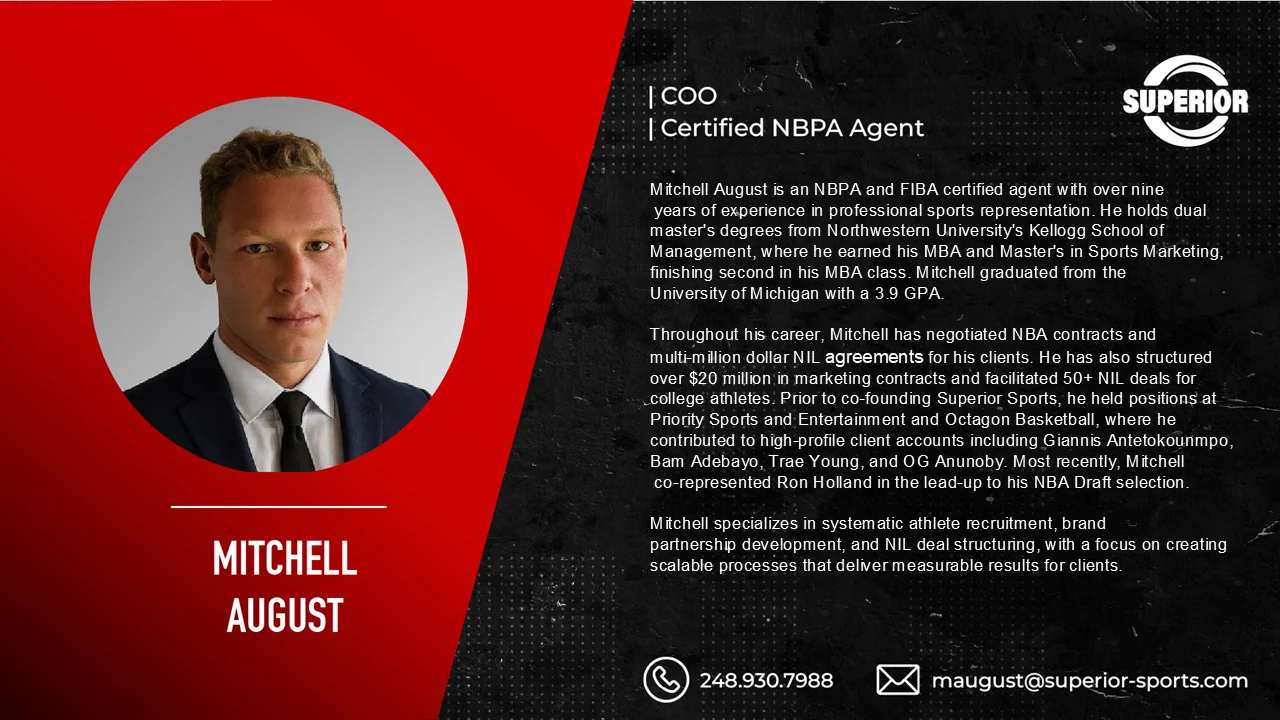 Bio slide for Mitchell August, COO and certified NBPA agent: an NBPA and FIBA certified agent with over nine years in professional sports representation, dual master’s degrees from Northwestern’s Kellogg School, over 20 million dollars in marketing contracts and 50 plus NIL deals, previously at Priority Sports and Octagon Basketball.