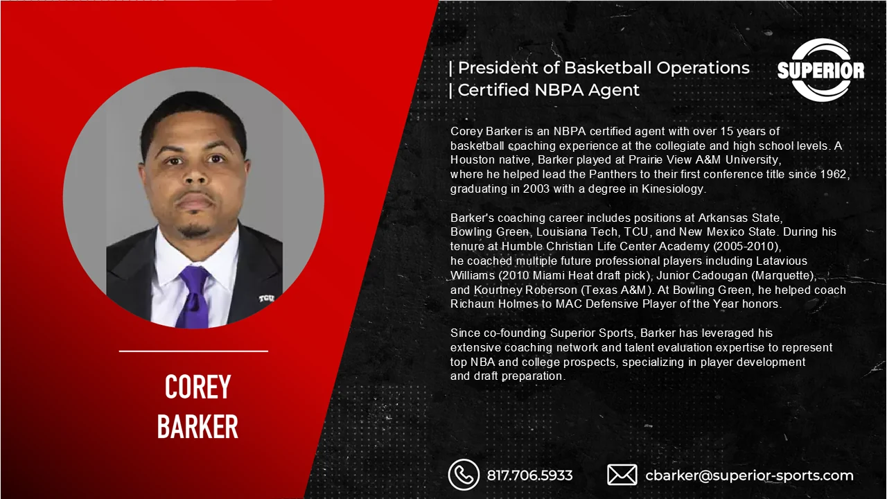 Bio slide for Corey Barker, President of Basketball Operations and certified NBPA agent: over 15 years coaching at the collegiate and high school levels, played at Prairie View A&M, with coaching stops at Arkansas State, Bowling Green, Louisiana Tech, TCU and New Mexico State.