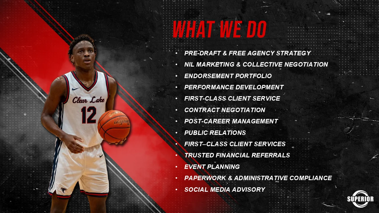 Services slide: pre-draft and free agency strategy, NIL marketing and collective negotiation, endorsement portfolio, performance development, first-class client service, contract negotiation, post-career management, public relations, trusted financial referrals, event planning, administrative compliance and social media advisory.