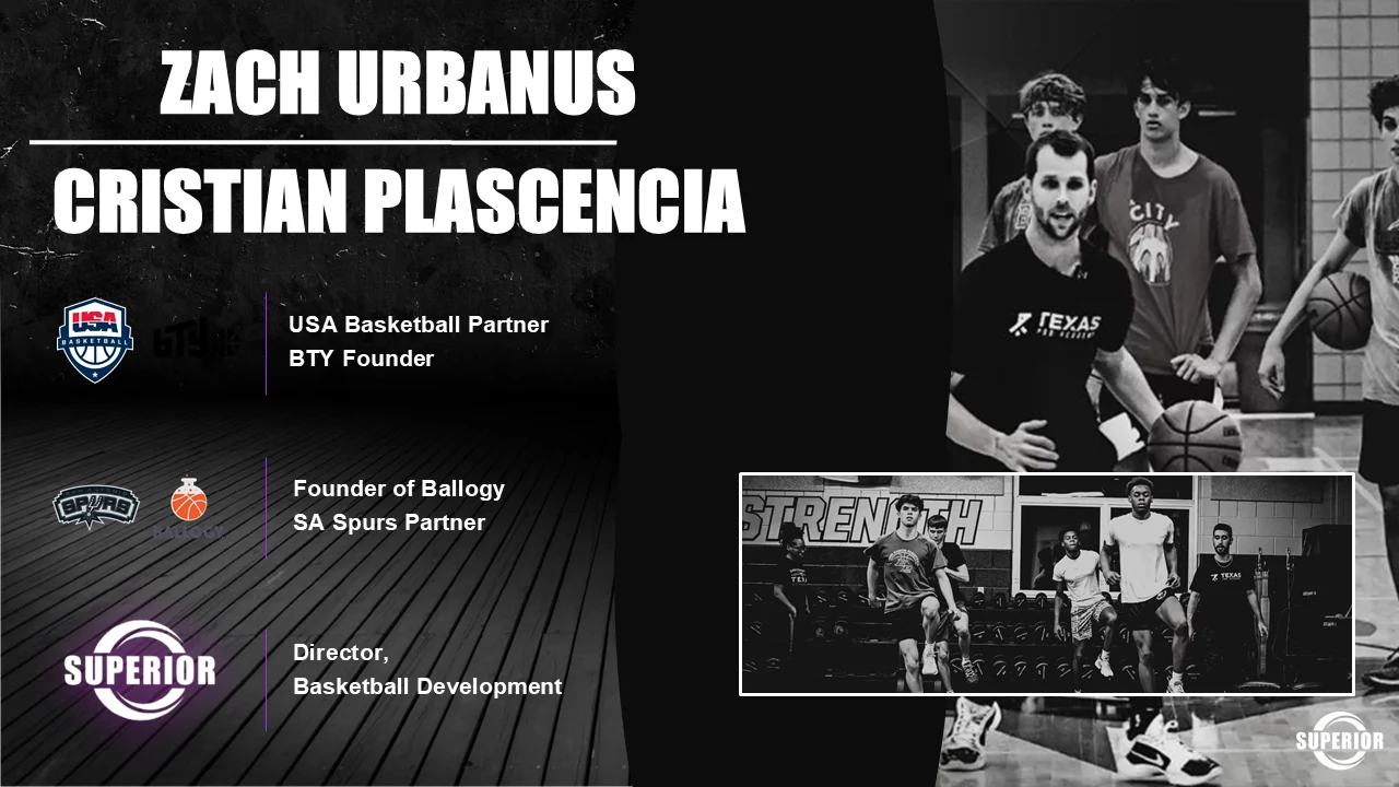 Slide introducing Zach Urbanus, USA Basketball partner and BTY founder, and Cristian Plascencia, founder of Ballogy, San Antonio Spurs partner and Director of Basketball Development.