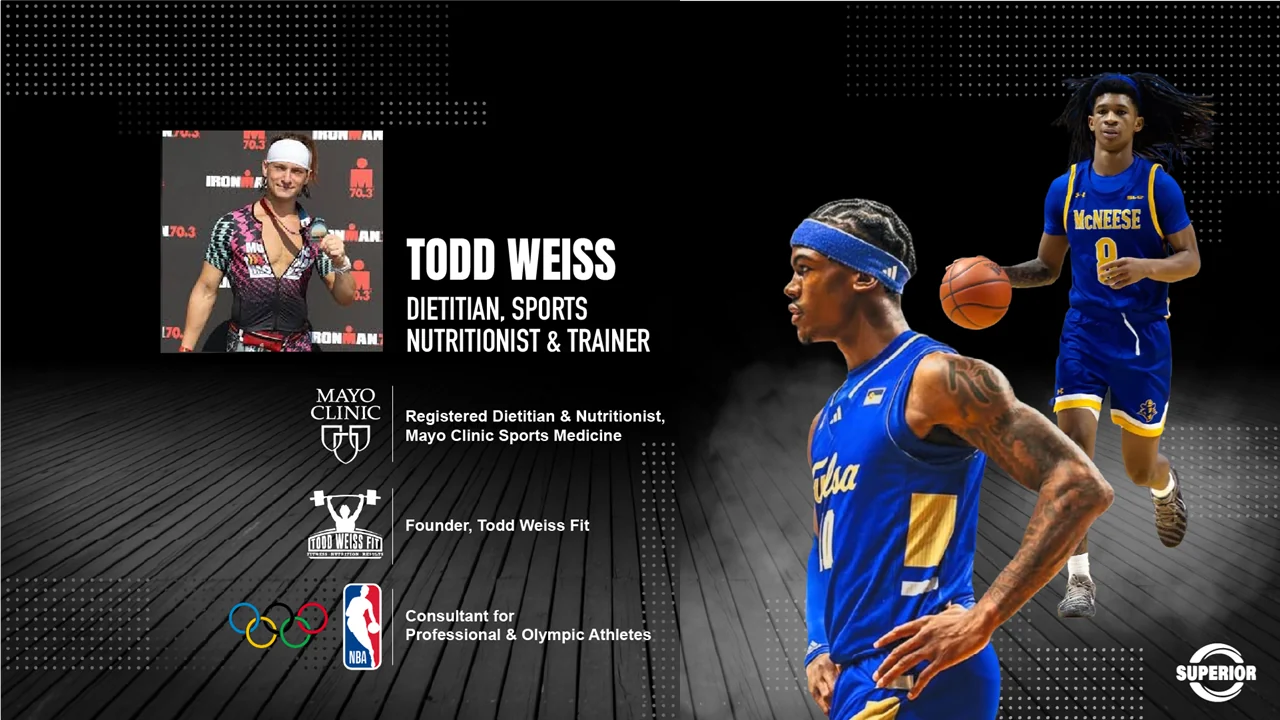 Slide introducing Todd Weiss, dietitian, sports nutritionist and trainer: registered dietitian and nutritionist at Mayo Clinic Sports Medicine, founder of Todd Weiss Fit, and consultant for professional and Olympic athletes.