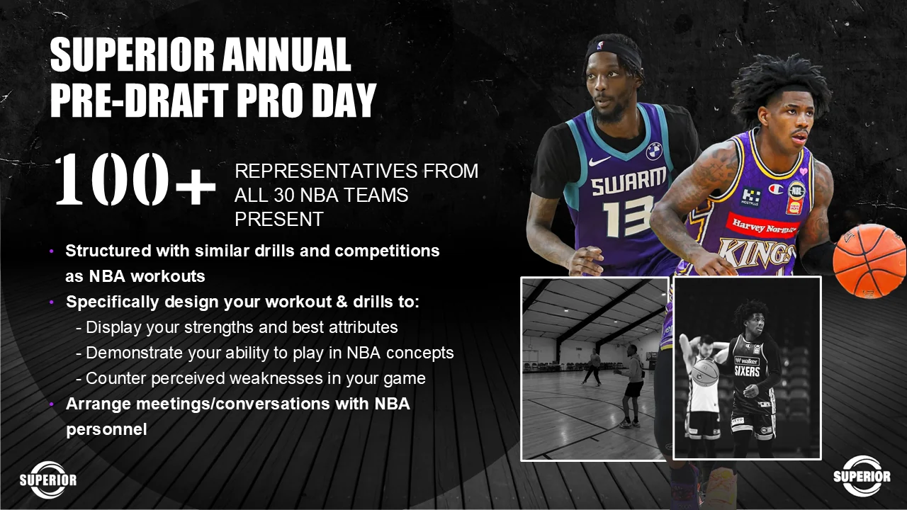 Superior annual pre-draft pro day slide: over 100 representatives from all 30 NBA teams present, structured with drills and competitions similar to NBA workouts, designed to display strengths, demonstrate ability in NBA concepts and counter perceived weaknesses, with meetings arranged with NBA personnel.