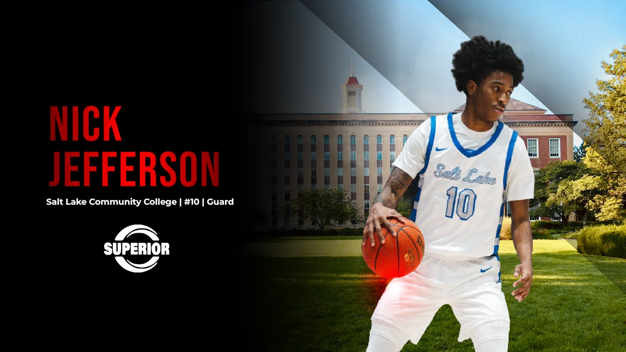 Title slide: Nick Jefferson, Salt Lake Community College, number 10, Guard, presented by Superior Sports, over a campus photograph.