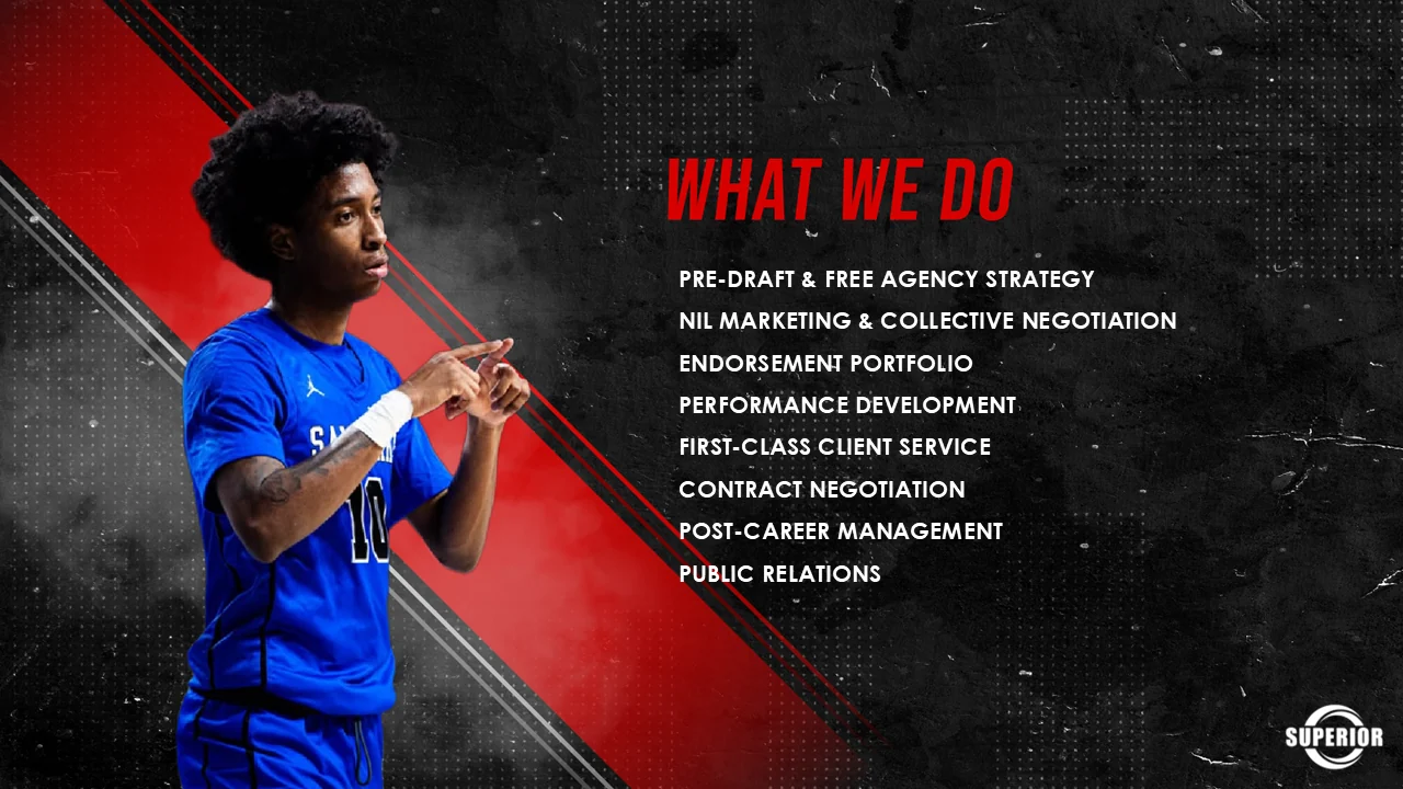 Services slide: pre-draft and free agency strategy, NIL marketing and collective negotiation, endorsement portfolio, performance development, first-class client service, contract negotiation, post-career management and public relations.