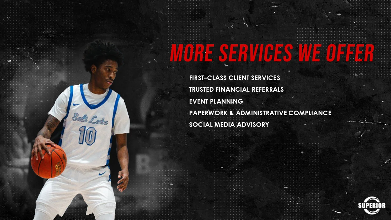 Additional services slide: first-class client services, trusted financial referrals, event planning, paperwork and administrative compliance, and social media advisory.