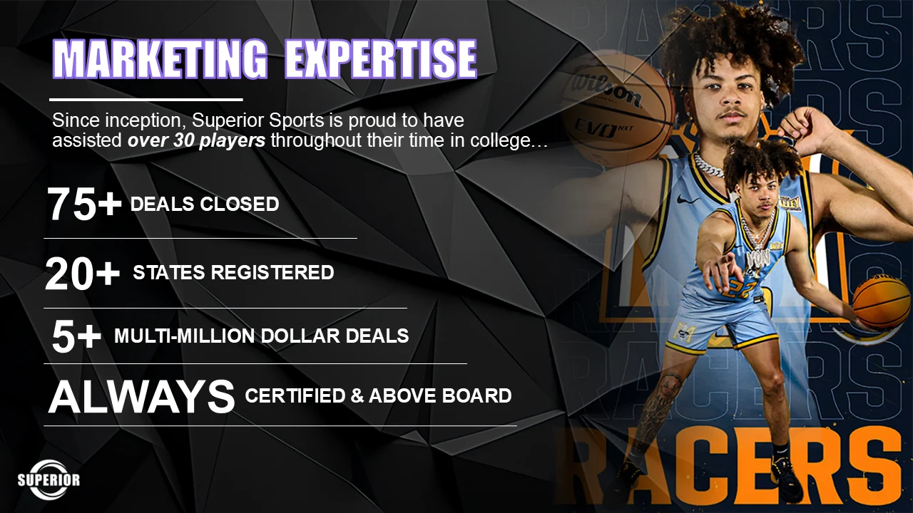 Marketing expertise slide: Superior Sports has assisted over 30 players through college, with 75 plus deals closed, 20 plus states registered, 5 plus multi-million dollar deals, and always certified and above board.
