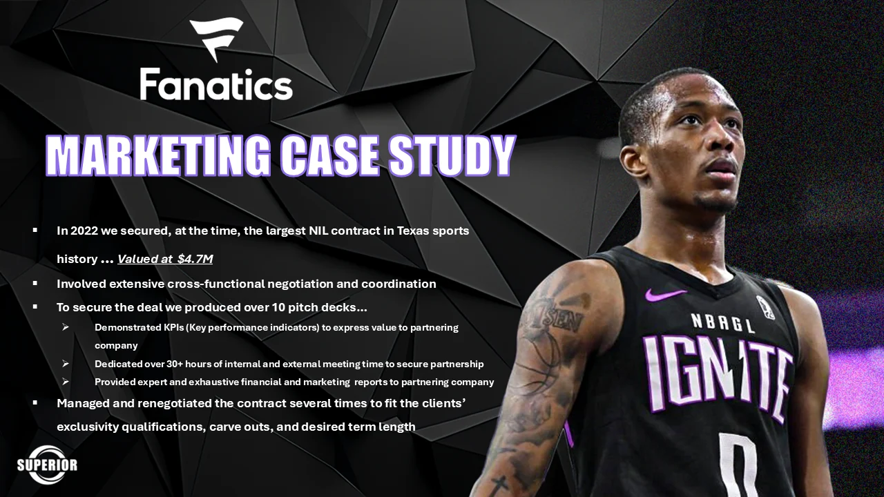 Marketing case study with Fanatics: in 2022 Superior secured what was then the largest NIL contract in Texas sports history, valued at 4.7 million dollars, involving cross-functional negotiation, over 10 pitch decks, 30 plus hours of meetings and several renegotiations.