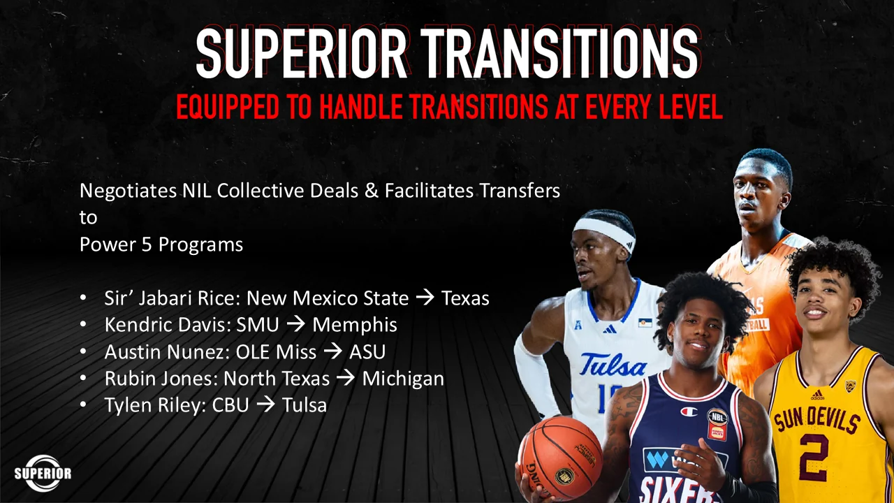 Superior Transitions slide on negotiating NIL collective deals and facilitating transfers to Power 5 programs: Sir’Jabari Rice from New Mexico State to Texas, Kendric Davis SMU to Memphis, Austin Nunez Ole Miss to Arizona State, Rubin Jones North Texas to Michigan and Tylen Riley CBU to Tulsa.