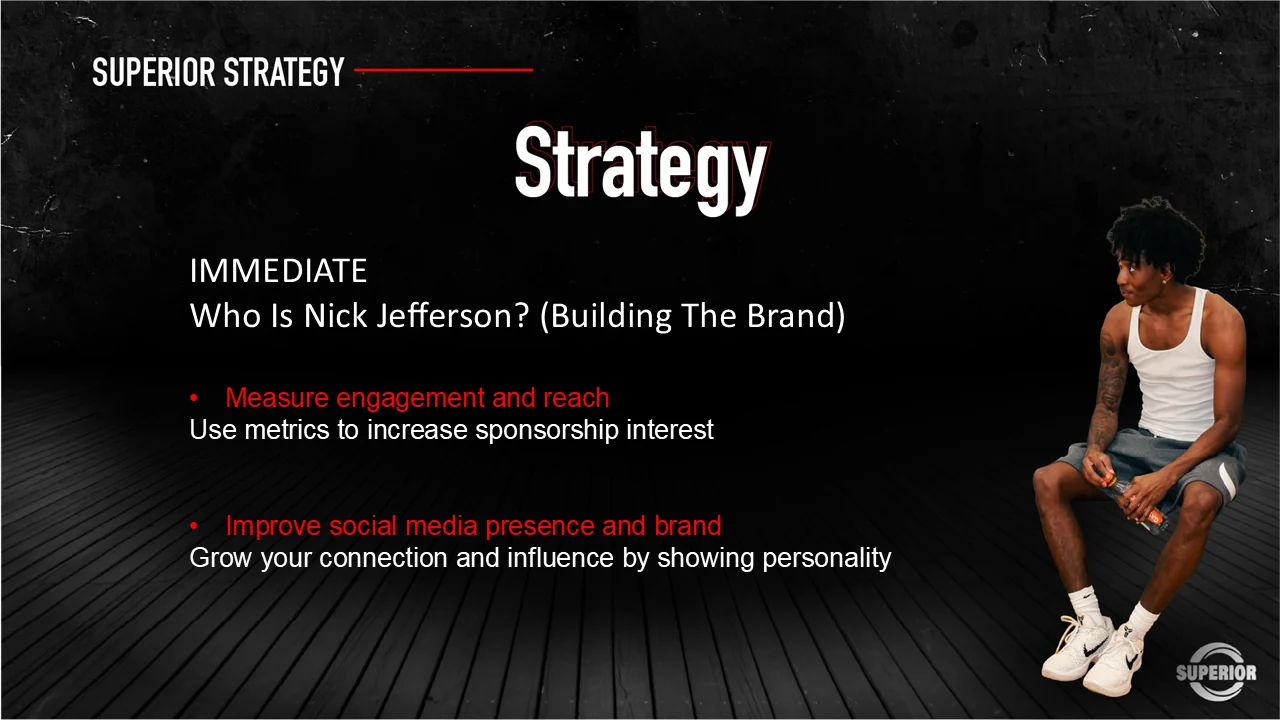 Immediate strategy slide asking who is Nick Jefferson and how to build the brand: measure engagement and reach, use metrics to increase sponsorship interest, and improve social media presence by showing personality.