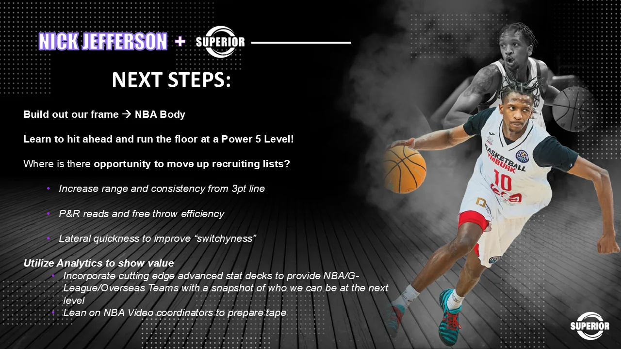 Next steps slide: build out the frame toward an NBA body, learn to hit ahead and run the floor at a Power 5 level, increase range and consistency from three, improve pick-and-roll reads and free throw efficiency, improve lateral quickness for switchability, and use advanced stat decks and NBA video coordinators to show value.