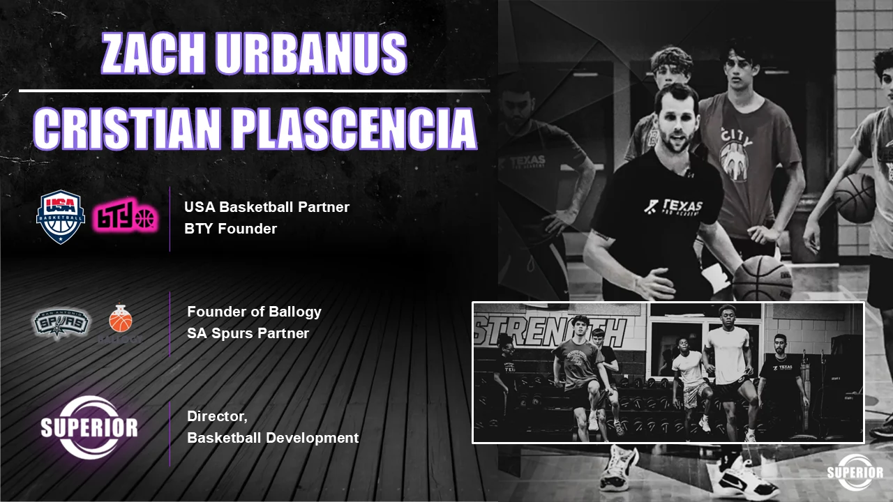 Slide introducing Zach Urbanus, USA Basketball partner and BTY founder, and Cristian Plascencia, founder of Ballogy, San Antonio Spurs partner and Director of Basketball Development.