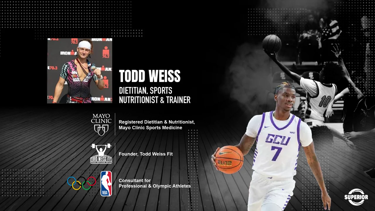 Slide introducing Todd Weiss, dietitian, sports nutritionist and trainer: registered dietitian and nutritionist at Mayo Clinic Sports Medicine, founder of Todd Weiss Fit, and consultant for professional and Olympic athletes.