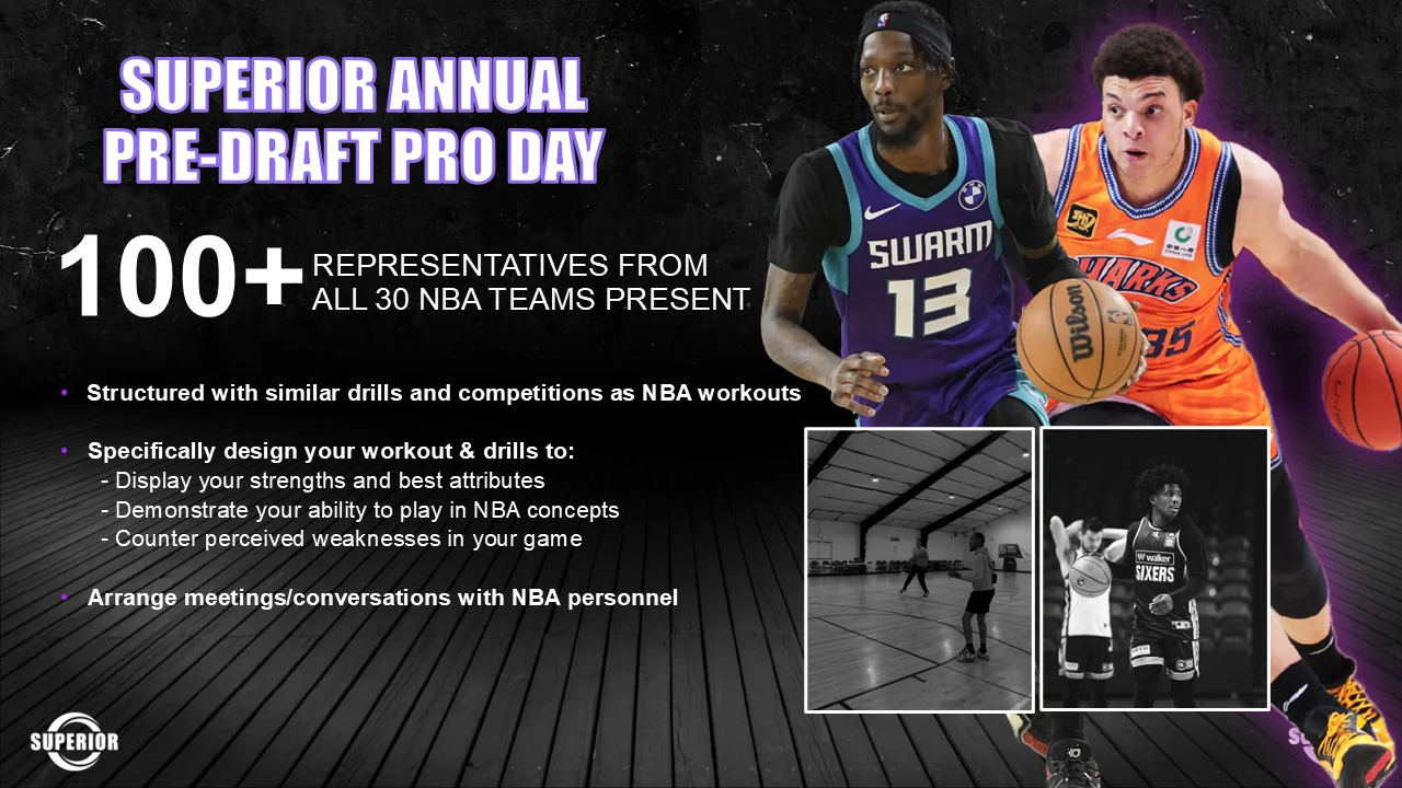 Superior annual pre-draft pro day slide: over 100 representatives from all 30 NBA teams present, structured with drills and competitions similar to NBA workouts, designed to display strengths, demonstrate ability in NBA concepts and counter perceived weaknesses, with meetings arranged with NBA personnel.