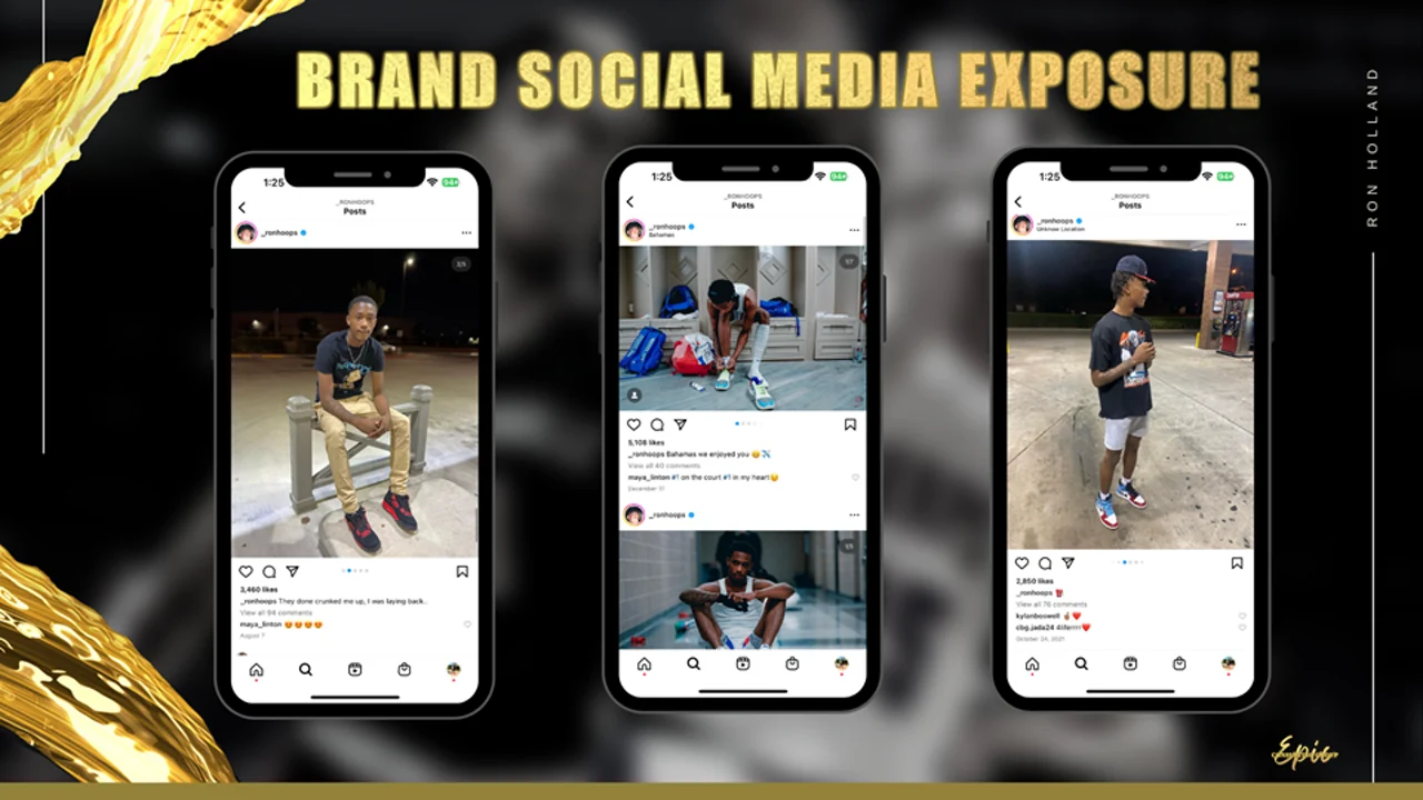 Brand social media exposure slide showing three phone mockups of Instagram posts from the ronhoops account, with like counts of 3,460, 5,108 and 2,850.