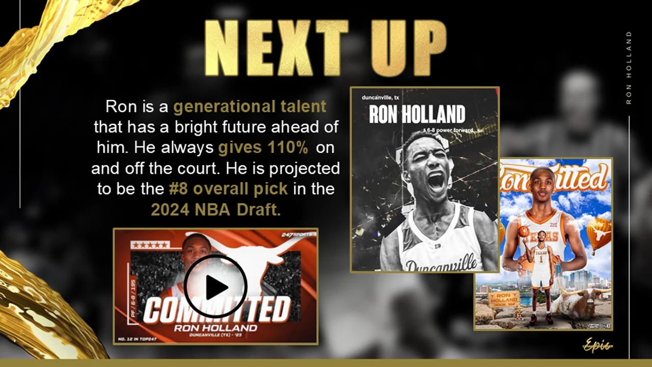 Next up slide: Ron is a generational talent with a bright future who always gives 110 percent on and off the court, projected as the number 8 overall pick in the 2024 NBA Draft, beside recruiting graphics and a commitment video thumbnail.