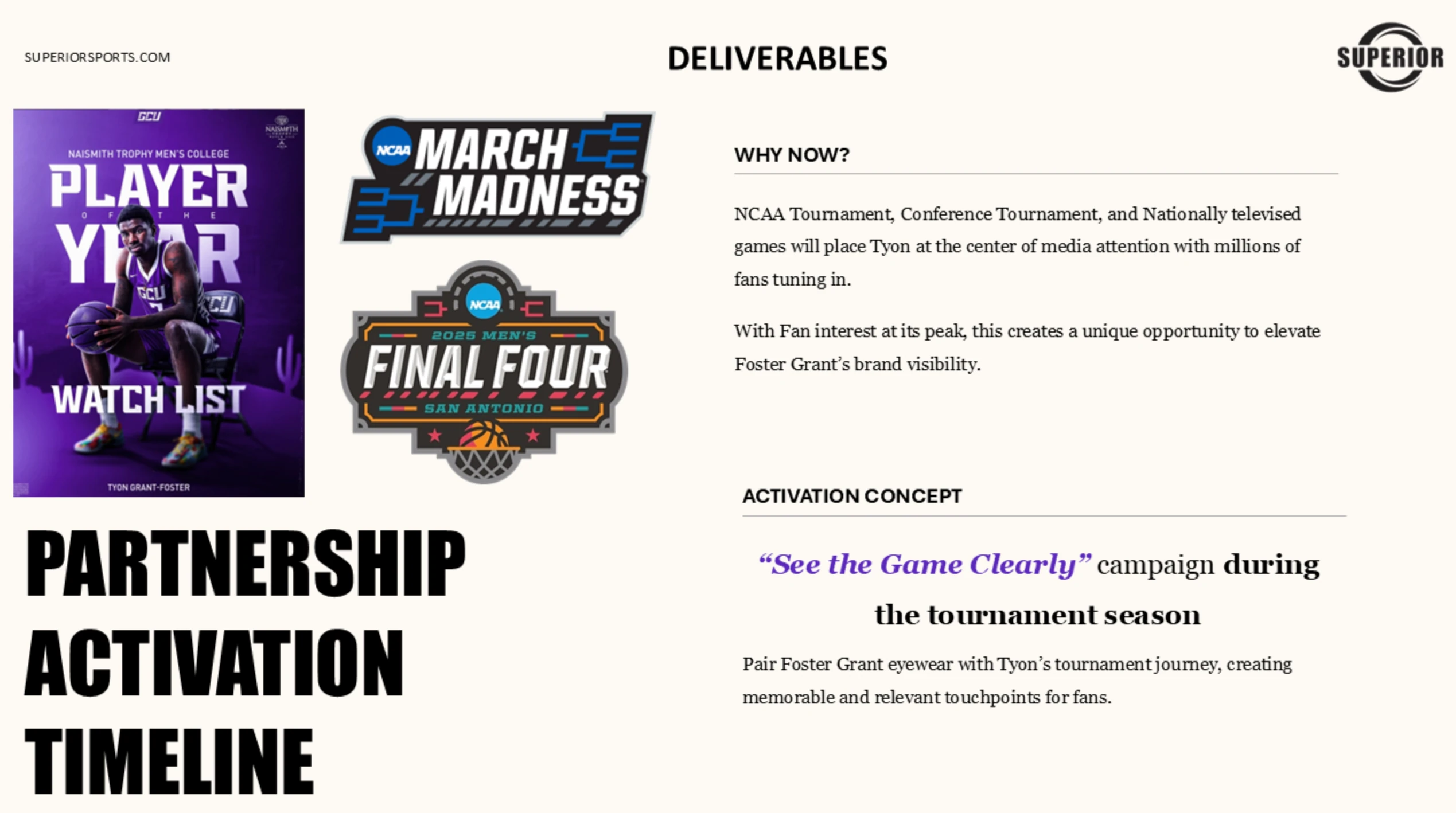 Deliverables slide with a partnership activation timeline: Naismith Player of the Year watch list, March Madness and the 2025 Men's Final Four, supporting a See the Game Clearly campaign running through the tournament season.