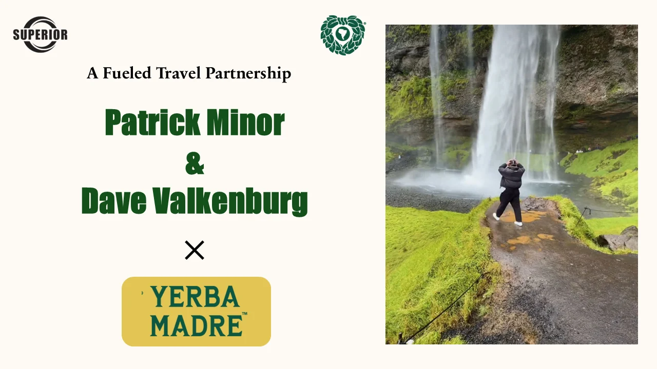 Title slide: a fueled travel partnership between creators Patrick Minor and Dave Valkenburg and the beverage brand Yerba Madre, beside a photograph of a traveller standing before a waterfall in Iceland.