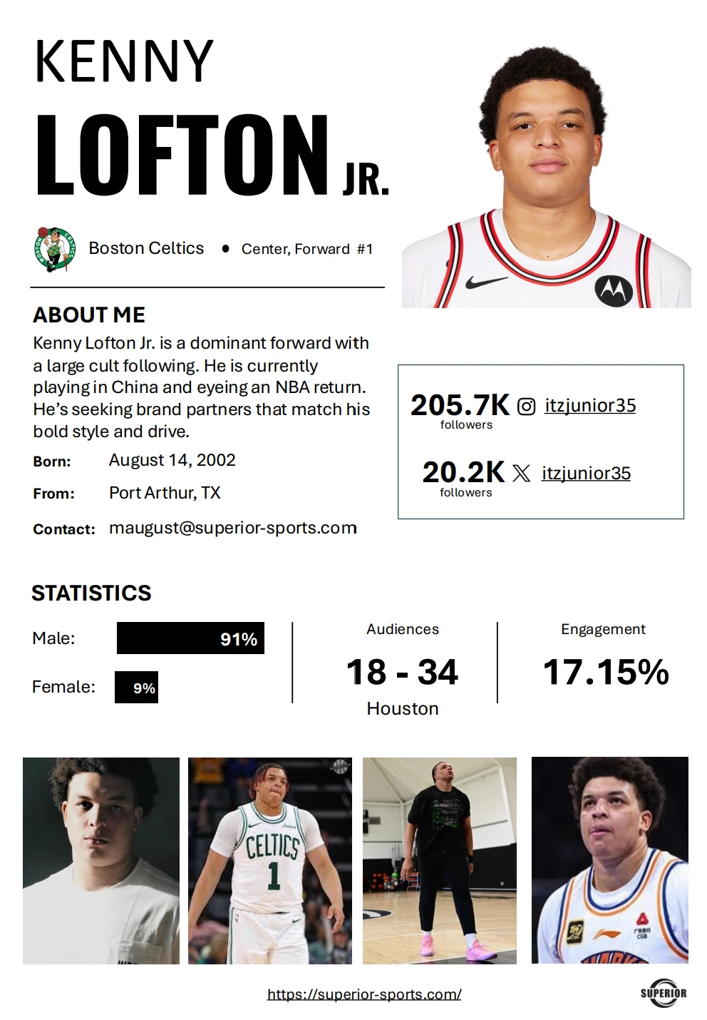 Client one sheeter for Kenny Lofton Jr., Boston Celtics, Center, Forward #1: headshot, biography, 205.7K Instagram and 20.2K X followers, a 91% male audience aged 18 to 34 in Houston, and 17.15% engagement.
