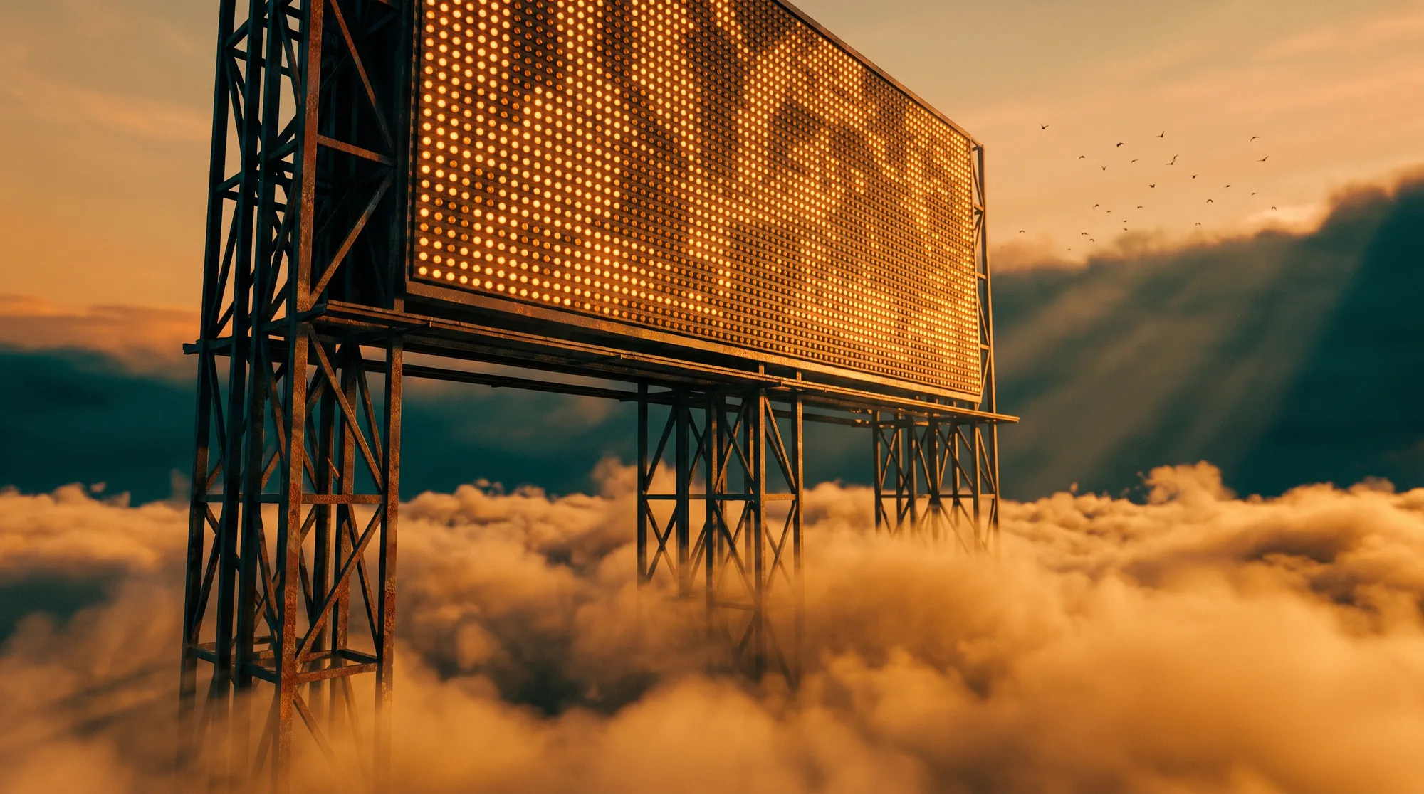 A steel stadium scoreboard tower standing in a sea of golden clouds
