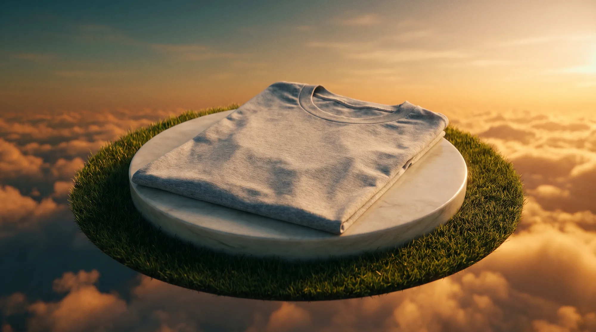 A folded grey t-shirt on a stone plinth above the clouds