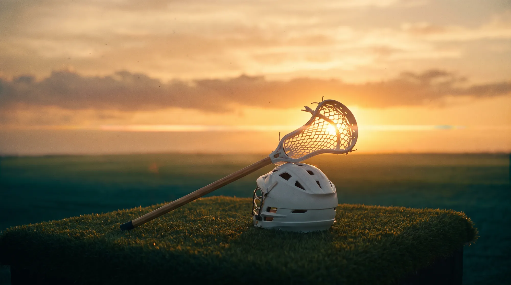 A youth lacrosse stick and small helmet backlit on the grass at sunset